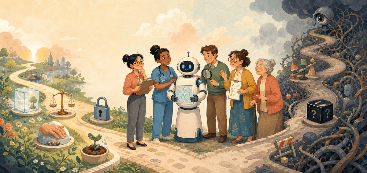 Karikatur: Menschen und ein freundlicher KI-Roboter wählen an einer Weggabelung den verantwortungsvollen Weg mit Waage, Datenschutz, Fairness und menschlicher Kontrolle.
