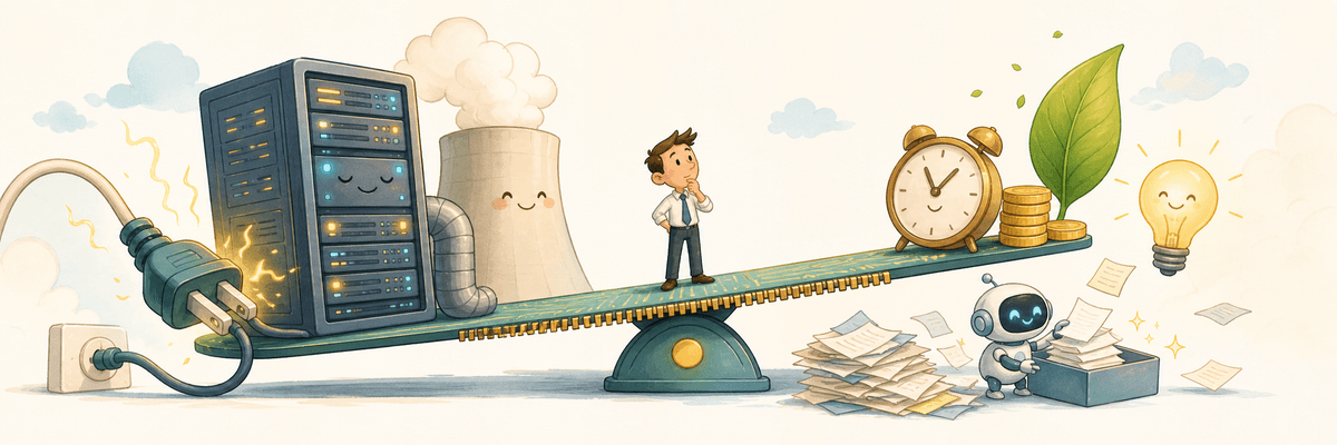 Humorvolle Cartoon-Illustration einer Waage zwischen KI-Servern, Energieverbrauch, Zeit, Kosten und Nachhaltigkeit.